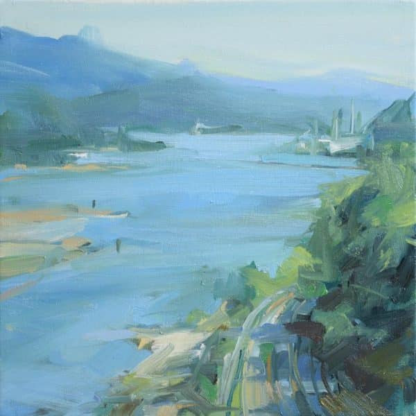 An oil painting painted by Canadian artist, Leanne M Christie. The viewer is standing on the cycle path of the Iron Worker's Memorial bridge looking East. The painting is dominated by the blues of the Inlet and the mountains.