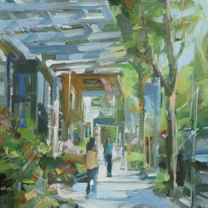 Dundarave Dundarave and 25th Street in front of the Shopper's drug Mart on a sunny summer's morning. The painting is created by Leanne M Christie, Urban oil painter