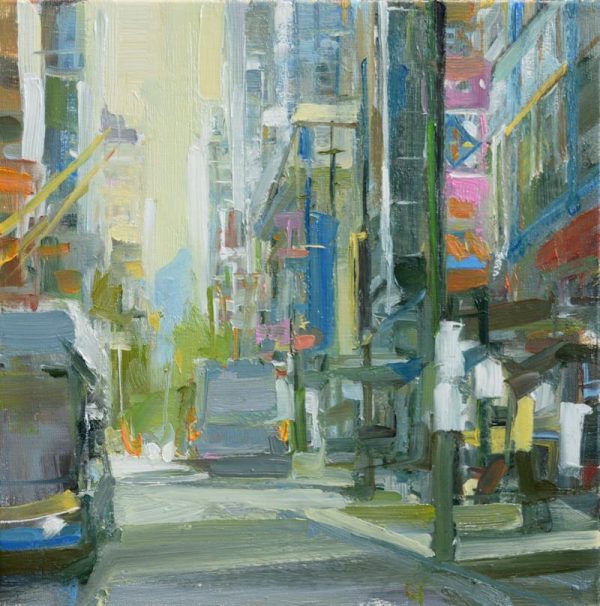 Oil painting of Granville street, Vancouver during the day. The colours are soft pinks, yellows and greys and there are 2 buses driving in opposite directions. The painting is a work by Urban oil painter, Leanne M Christie.