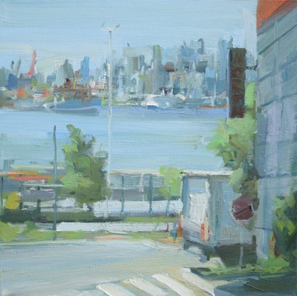Vancouver artist Leanne M Christie painting of a side street in North Vancouver. The North Bike store is on the right side of the image and there is a delivery truck parked at the front of the store. The city of Vancouver is visible across the Burrard Inlet. The painting is detailed but with gestural brushstrokes and the tones are dominate by a soft blue hue.