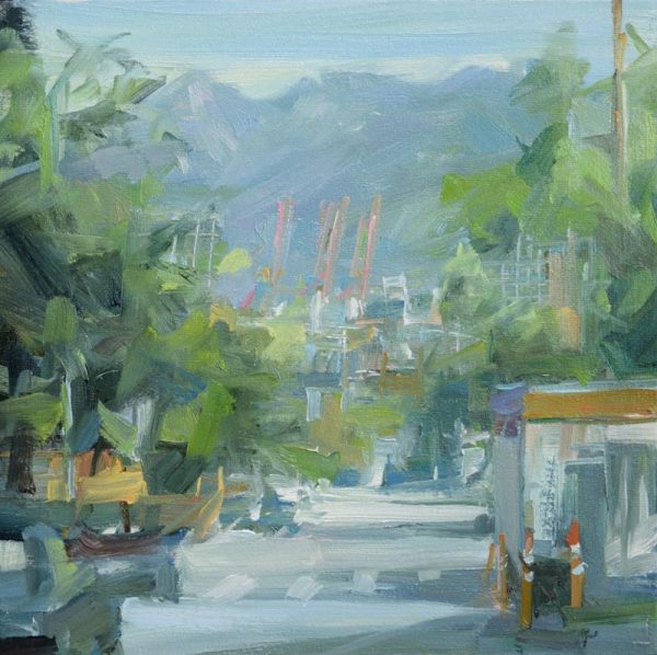 Oil painting by Urban oil painter, Leanne M Christie of a Vancouver street that runs north towards the mountains. The mountains are seen in the distance and the the gentries from Centerm terminal are in the mid distance.
