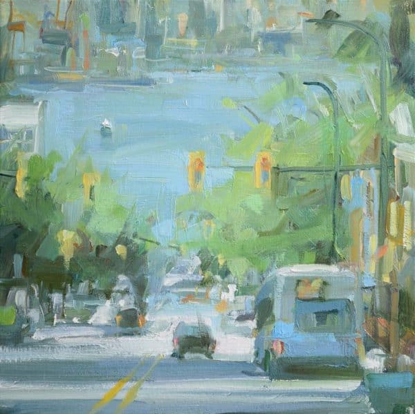 Leanne M Christie oil painting of a bus and a car descending Lonsdale ave in the City of North Vancouver. The blues of the inlet an the street are harmonized with the green trees and the yellow accents of the traffic lights.