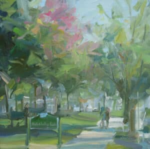 Just Chillin. 10x10. PV100703 Vancouver painter, Leanne M Christie painting of Dude Chillin Park in East Vancouver. The painting includes the Dude Chillin sign and 2 people walking along the sidewalk.