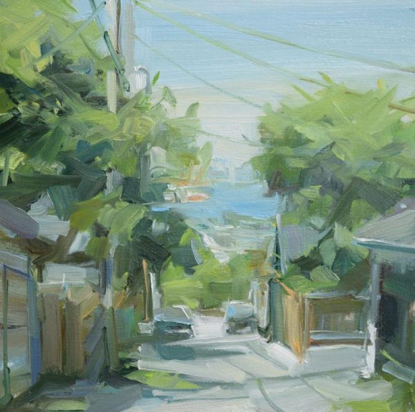 Leanne M Christie painting of an alley in North Burnaby. The residential alley is lined with oldish fences and trees with 2 cars parker. In the distance one sees a hint of the Burrard inlet.
