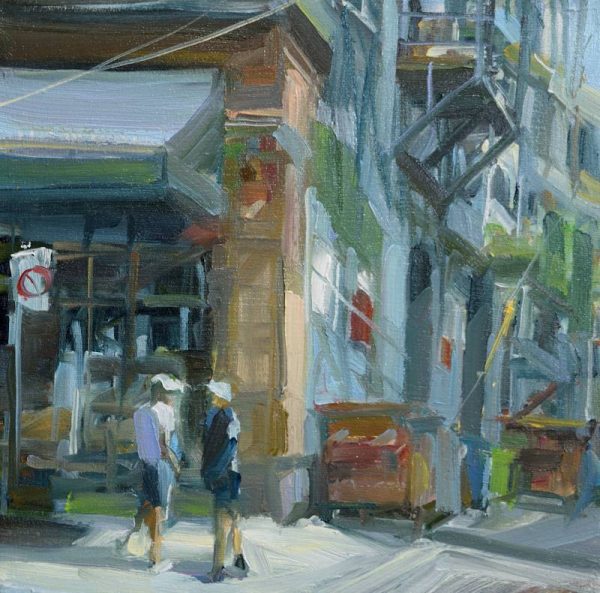 A Leanne M Christie original oil painting of 2 people standing in the morning sunshine at the corner of an alley. The people are casually dressed and in deep conversation.