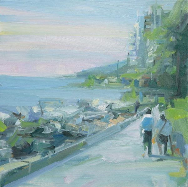 An oil painting that is loosely painted with soft pinks, blues and greens. The painting depicts 2 people walking along the seawall in west Vancouver. Painted by Leanne M Christie