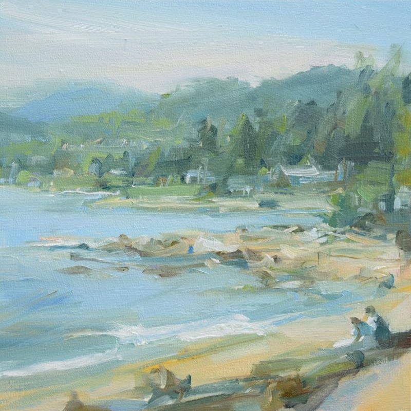 Sharing time on a sunny Sunday An original painting by Leanne M Christie of 2 people sitting on a log talking at Dundarave Beach. The painting is painted with soft yellow oranges and charcoal greens.