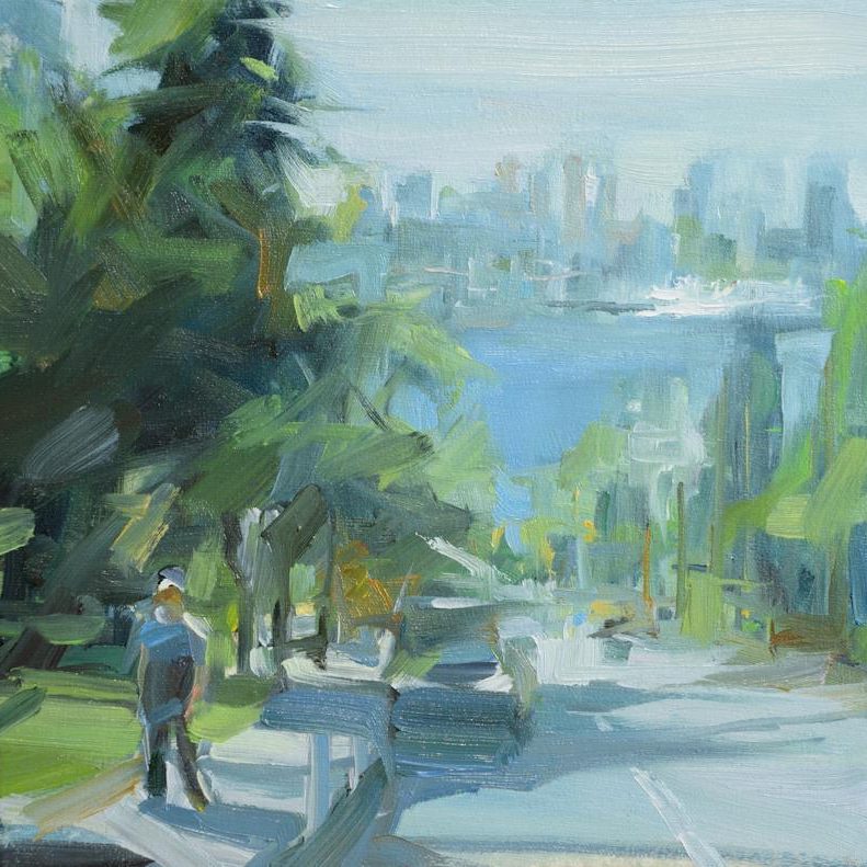 Sunshnie and life Leanne M Christie painting of a person walking on the grassy sidewalk of a street in North Vancouver. In the distance one can see the skyline of the city of Vancouver and the Burrard Inlet.