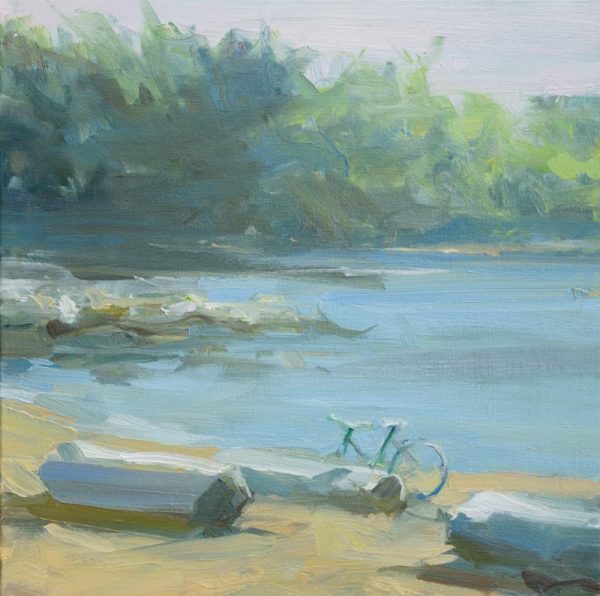 An original oil painting by Vancouver artist Leanne M Christie. The painting depicts a bicycle at the Ambleside Beach in West Vancouver.