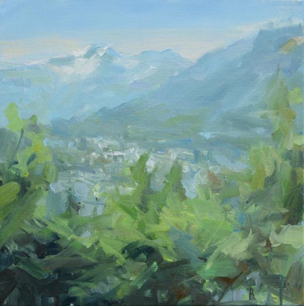 Urban Oil Painter, Leanne M Christie original painting of the Lion's Mountains as viewed from North Boudary Road. The painting has green trees in the foreground with the blueish mountains rising in the distance.