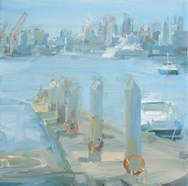 A gestural painting in soft blues of the Burrard inlet with the skyline of the city of Vancouver in the distance. The painting is by Canadian artist, Leanne M Christie