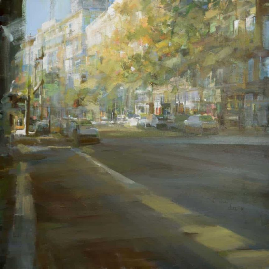 Leanne M Christie oil painting of a street with parked cars and warm tones. The light is penetrating the scene from behind the buildings, casting a dramatic light on the street. Genre: Streetscape, Urban Painting. Location: East Hastings street and Abbot Street, Vancouver BC. Available for Art Rental