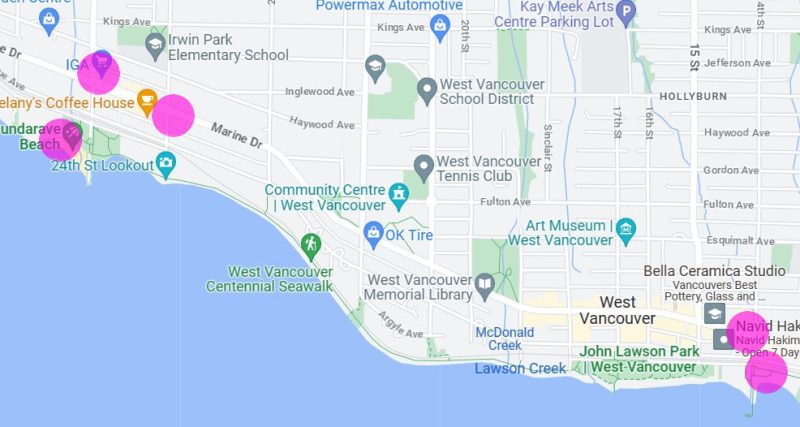 West Van map with purple dots