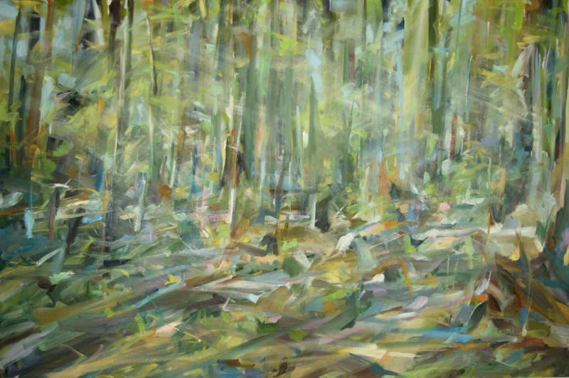 Bert Flinn's Sunlit Serenity. 64x96.LF090424 A Leanne M Christie oil painting of a peaceful forest interior. The scene is dominated by tall trees with thick green foliage. Sunlight shines through the leaves, casting shadows on the ground.