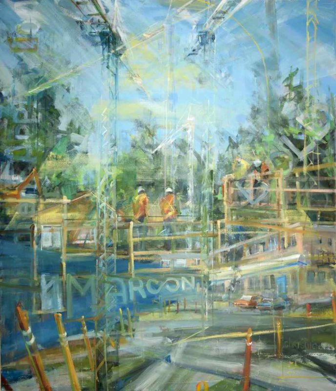 Oil painting by Leanne M Christie depicting the Marcon's Hue development, and Bold Propertie's Anchor development on the corner of St Johns Street and Clarke Road