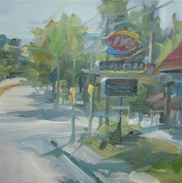 A naughty stop. 10x10. PV180124 • Genre: Streetscape, Urban painting. Artist: Leanne M Christie. Location: Vancouver. Medium: Oil on canvas.