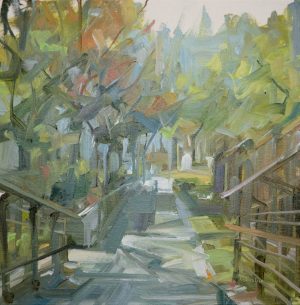 A sneaky short cut. 10x10. PV180324 &bull; Genre: Streetscape, Urban painting. Artist: Leanne M Christie. Location: Vancouver. Medium: Oil on canvas.