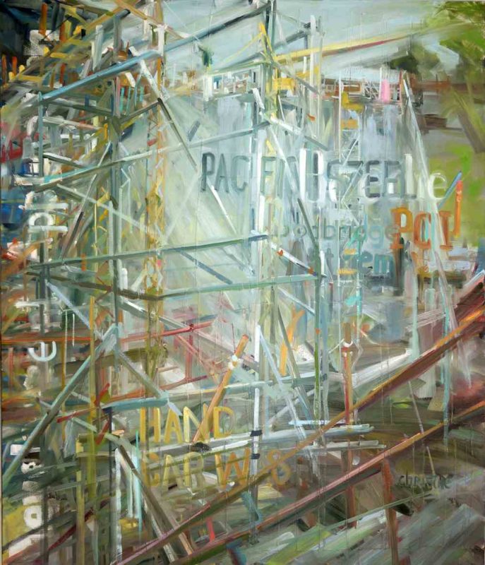 A semi abstracted painting by Canadian artist Leanne M Christie. This large 84 inch by 72 inch painting is created with large simple brushstrokes and weaves together the imagery of scaffolding, an excavation and the development application signage that comes before and area is redeveloped. The painting tells the story of the redevelopment that is going to take place around the Moody Centre station.