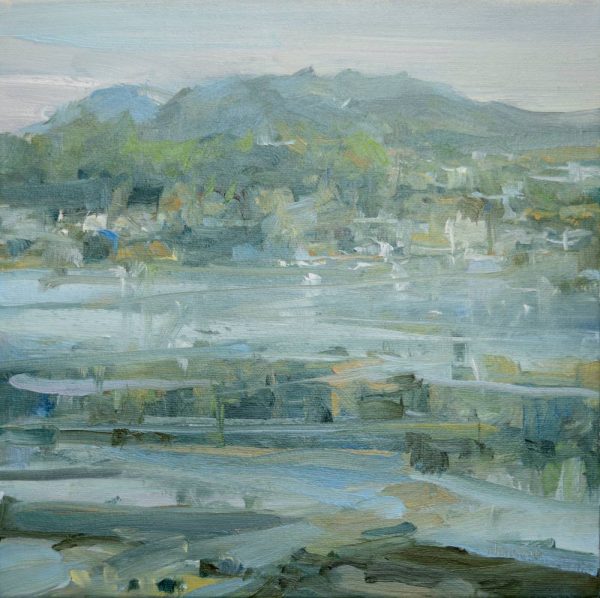 Leanne M Christie painting of the sea with a mountain in the background. The painting has a serene feeling as it is described with simple brushstrokes with a green, blue pallete.