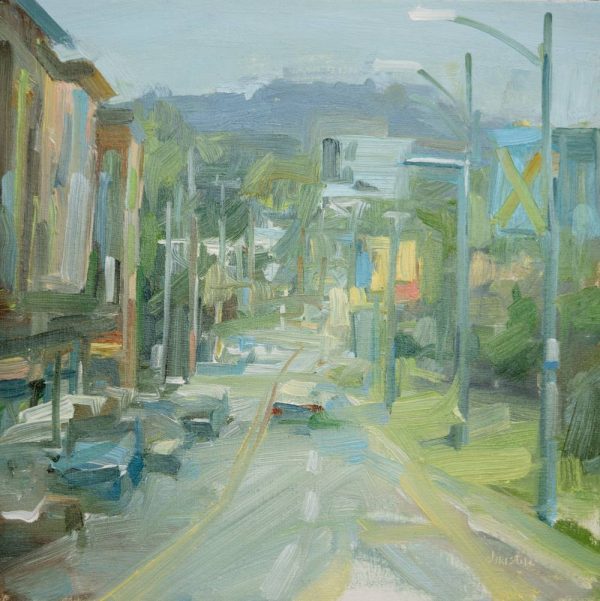 Leanne M Christie painting of street with traffic and a mountain in the background. The viewe point is from the middle of Clarke street looking towards Buranby Mountain. The simple brushstrokes describe the condos on the left of the street anf the green trees on the right. The elements of the painting are suggested which gives the painting a feeling of movement.