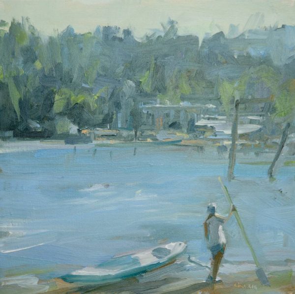 Original oil painting of a stand up board paddler standing next to their board, looking over the water towards the tree lined shore. Painting by Leanne M Christie of the Inlet by Port Moody.