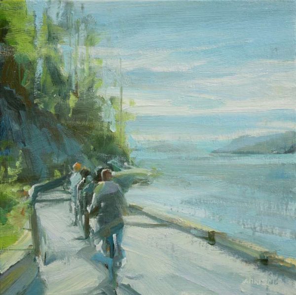 A small oil painting of a group of cyclist on the Stanley Park Seawall by Vancouver artist, Leanne M Christie. Genre: Urban art, landscape. Leanne Christie places the viewer behind a group of cyclists who are about to go around a turn and emerge onto English Bay.