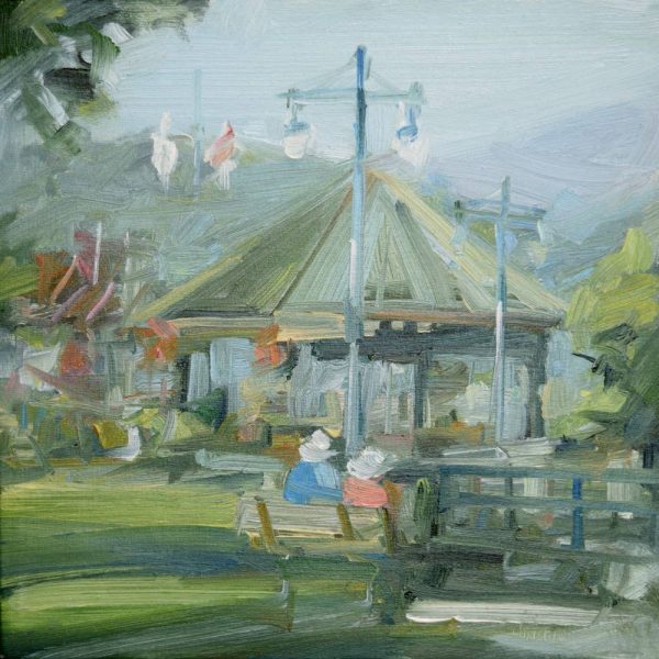 Original oil painting of 2 people in hats sitting in a park with a gazebo in the background. Painting by urban oil painter, Leanne M Christie.