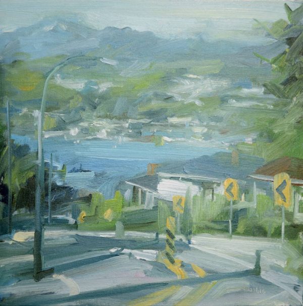 Painting of the view of the inlet and mountains from a street that is descending a hill. This painting by Canadian artist, Leanne M Christie is a combination between the urban and the landscape and is impressionistically painted.