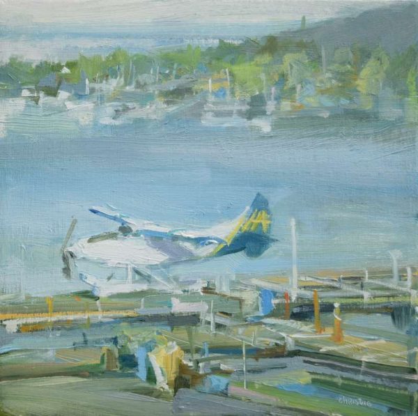 Canadian Urban oil painter, Leanne M Christie painting of a seaplane at the seaplane terminal in Coal Harbour. Leanne Christie has painted a simple portrait of the seaplane tied up alongside the walkway. Genre: Urban landscape