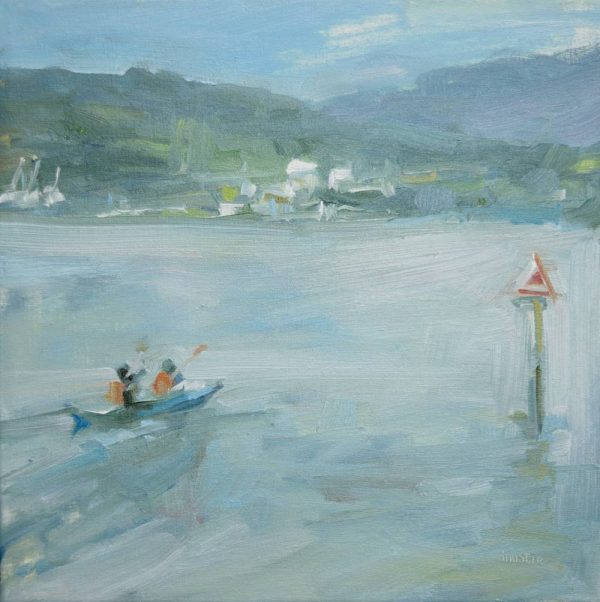 Painting by Leanne M Christie of 2 people in a canoe, paddling across the Burrard Inlet in Port Moody.
