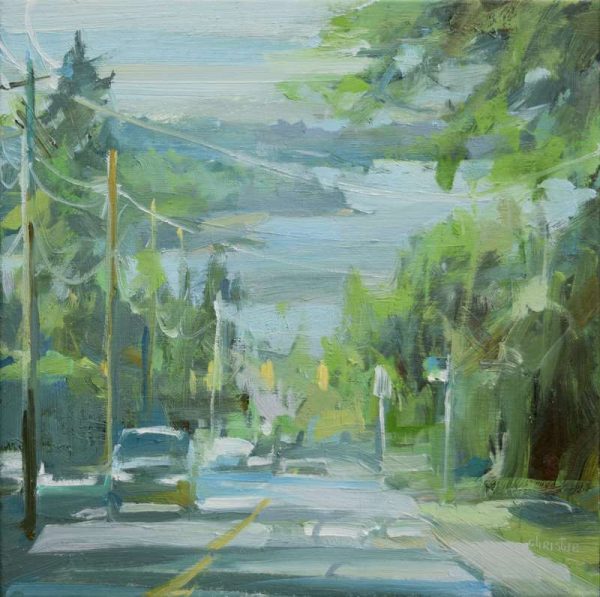 An original oil painting by Canadian artist, Leanne M Christie of the view down 15th street, West Vancouver with Stanley Park and the Burrard inlet in the distance. Leanne Christie uses a palette of greens and blues for this summery streetscene. Genre: Streetscape, Urban landscape.