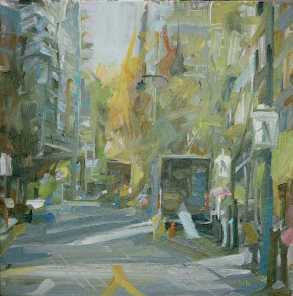 Street scene painted by Leanne M Christie. There is an open cube truck on the right of the painting with boxes and a ramp. The street is clearly in a downtown area as the buildings are tall and disappear off the top of the canvas. The street ends with an autumnal yellow tree. The painting is woven together with loose brushstrokes and the elements are suggested with brevity.