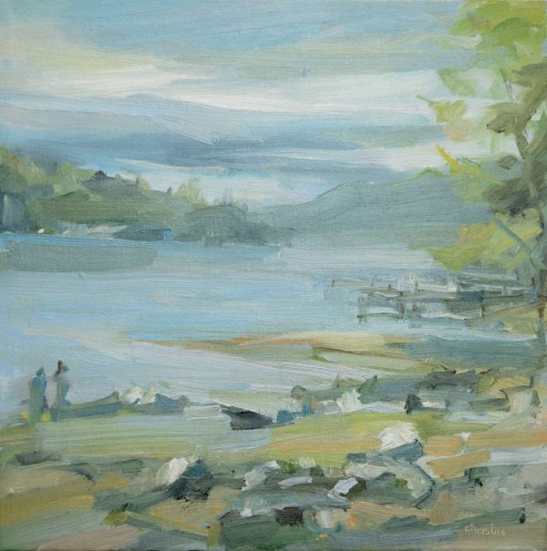 10 inch by 10 inch oil painting by Leanne M Christie of the Old Orchard Beach in Port Moody. The viewer is standing on the beach looking west along the Burrard Inlet. The water and sky are described with soft grey blues and the beach is described with greens and orange. The 2 figures on the left of the painting and the rocks on the beach are suggested with a few brushstrokes.