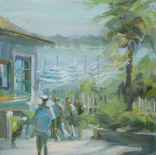 Urban Oil Painter, Leanne M Christie painting of the walkway alongside the Beach House in West Vancouver. Leanne Christie places the viewer behind a person with a white sun hat and blue top who is waking towards the blue and white striped umbrellas on the patio. People are walking towards you and the entire scene is described with loose brushstrokes. Genre: Urban landscape.