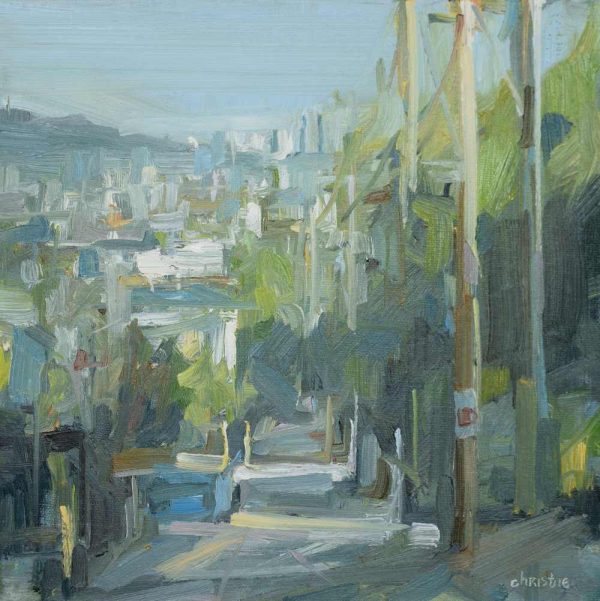 Urban Oil Painter, Leanne M Christie original oil painting of an alley In Vancouver.Leanne Christie uses suggestive loose brushstrokes. Genre: Urban streetscape.
