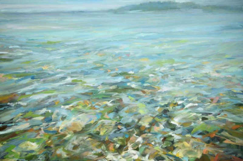 Quenched Large oil painting by Leanne M Christie of the Burrard Inlet by Port Moody. The original painting measures 64 inches by 96 inches and most of the painting is of the water as the horizon line almost touches the upper edge of the painting. The Sky and the water are described with a soft blue and the rocky foreshore in the lower part of the painting provides a lively additon to the painting wth the yellow, green and orange. The brushstrokes are loose and descriptive and the painting evokes the feeling of standing on the shore. The painting creates a feeling of calm and serenity.