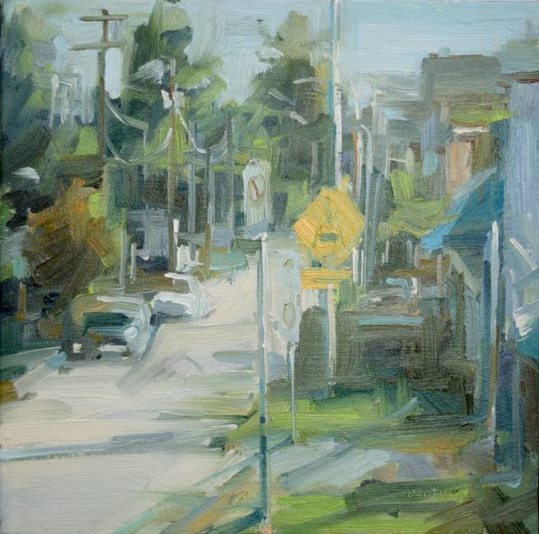 Quiet Spring Street. 10x10. PV240224 • Genre: Streetscape, Urban painting. Artist: Leanne M Christie. Location: Vancouver. Medium: Oil on canvas.