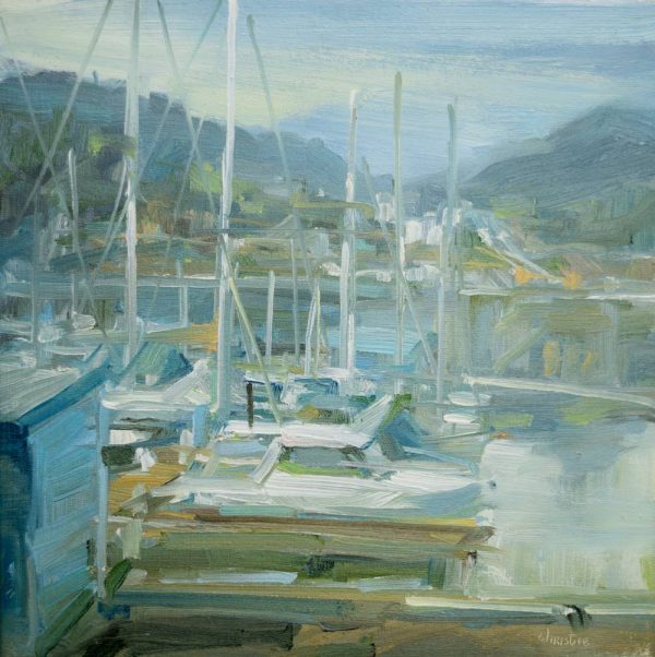 Reed Point Marina. 10x10. PV070224 • Genre: Streetscape, Urban painting. Artist: Leanne M Christie. Location: Vancouver. Medium: Oil on canvas.