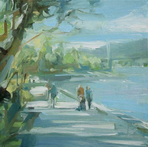 Leanne M Christie painting of people walking the Stanley Park seawall with the Lion's Gate Bridge in the distance. Leanne Christie uses blues, greys and greens with suggestive brushstrokes. Genre: Urban landscape. Medium: Oil on canvas