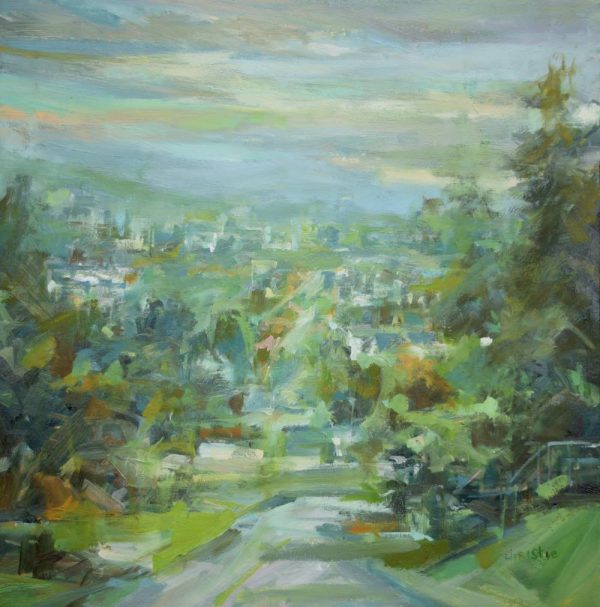 Original oil painting that places the viewer on the slopes of Burnaby Mountain overlooking Port Moody in the East. The street that the viewer is standing on is lined with green trees and the sky has a orange tint in the clouds that suggests a morning. ARTIST: Leanne M Christie GENRE: Urban oil painting