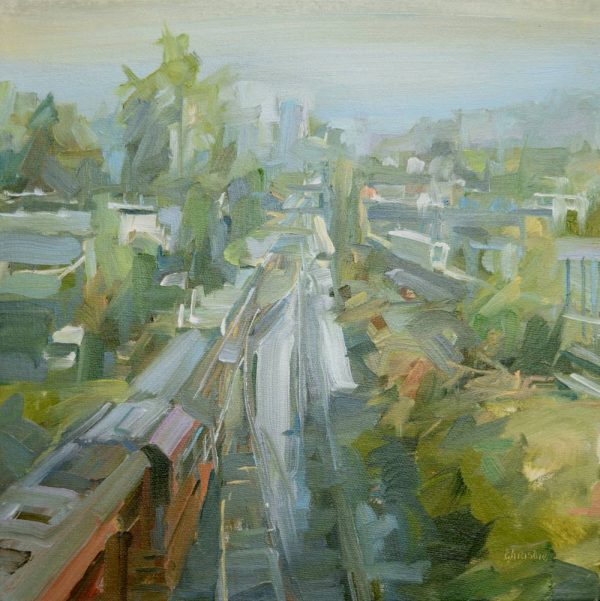 Shared Paths. 10x10. PV250324 • Genre: Streetscape, Urban painting. Artist: Leanne M Christie. Location: Vancouver. Medium: Oil on canvas.