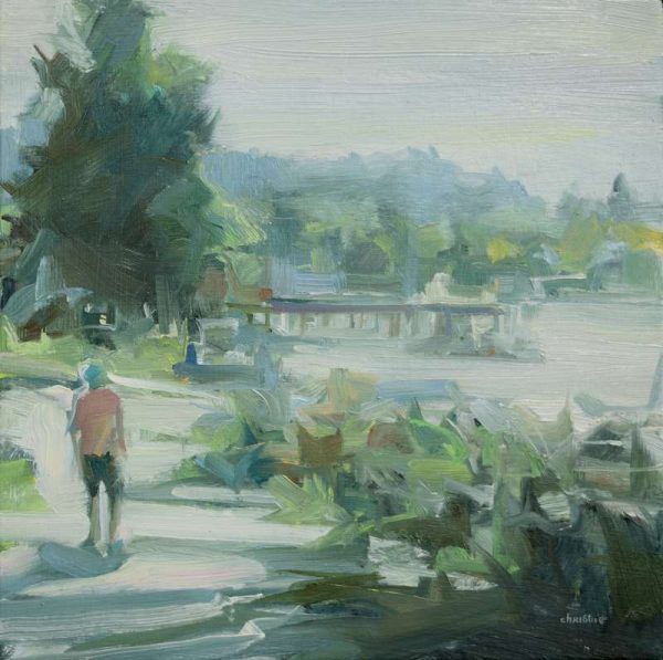 Vancouver urban oil painter, Leanne M Christie original painting of the seawall near Argyle Ave, West Vancouver. Leanne Christie paints a scene where you are walking along the seawall behind a person who is suggested with simple brushstrokes. Genre: Urban Landscape. This painting is part of the Summer Collection 2024