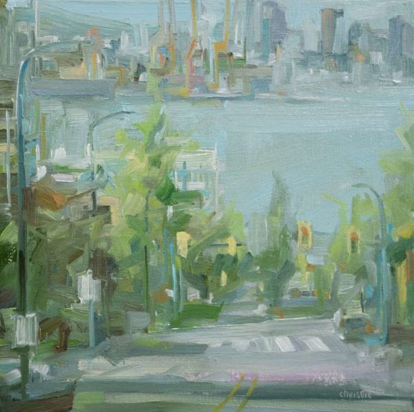 Leanne M Christie original oil painting of the Chesterfield avenue in North Vancouver with the City of Vancouver in the distance. Leanne Christie uses mostly blues and greens with yellow accents. Genre: Streetscape.