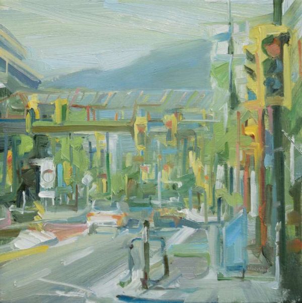 Original oil painting of Esplanade Ave, North Vancouver at the intersection of Lonsdale Ave. Leanne Christie uses grey, blue, green and yellow to describe a scene with cars in the street and various items of street structures such as the traffic lights. Genre: Streetscape