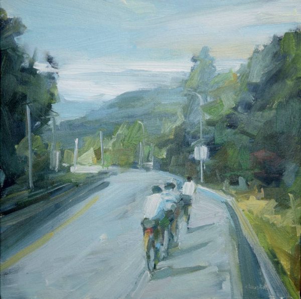 Oil painting of 3 cyclists on the Barnet Highway in Port Moody. The painting is described with greyish blues and soft greens. Leanne Christie's brushstrokes are simple, spare and loose with the scene suggested. The feeling of the painting is one of calm and there is a nice sense of space. Painting by Leanne M Christie.