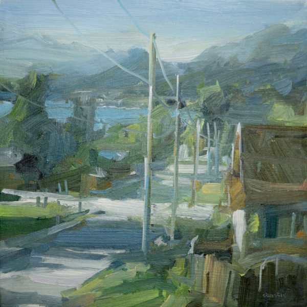 Leanne Christie urban oil painting of street in Port Moody with the inlet and mountains in the background. Genre: Urban art, streetscape. Artist: Leanne M Christie. Location: Port Moody. Medium: Oil on canvas.