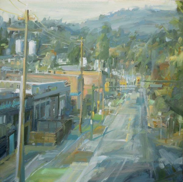 Leanne Christie oil Painting looking west down Murray street in Port Moody with Burnaby Mountain in the background and the breweries on the left of the image. Genre: Urban art, streetscape. Artist: Leanne M Christie. Location: Port Moody. Medium: Oil on canvas..