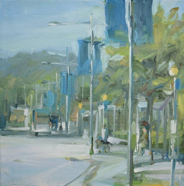 Urban oil painter, Leanne Christie painting of the row of Bus stops outside the skytrain station. Genre: Urban art, streetscape. Artist: Leanne M Christie. Location: Port Moody, Moody Skytrina station. Medium: Oil on canvas.