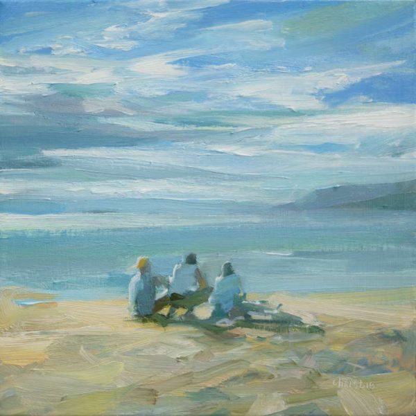 Urban Oil Painter Leanne M Christie painting of 3 friends at 3rd beach Vancouver, looking out over the sea. Leanne Christie has used a palette of yellow, soft ochres and blues. Genre: Landscape, Marine.