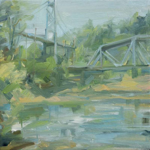 Original oil painting of the Lion's gate bridge as viewed from the banks of the Capilano river. The painting is by Urban oil painter, Leanne M Christie. Genre: Urban, landscape. Medium: Oil on canvas. Leanne Christie places the viewer on the bank of the river.
